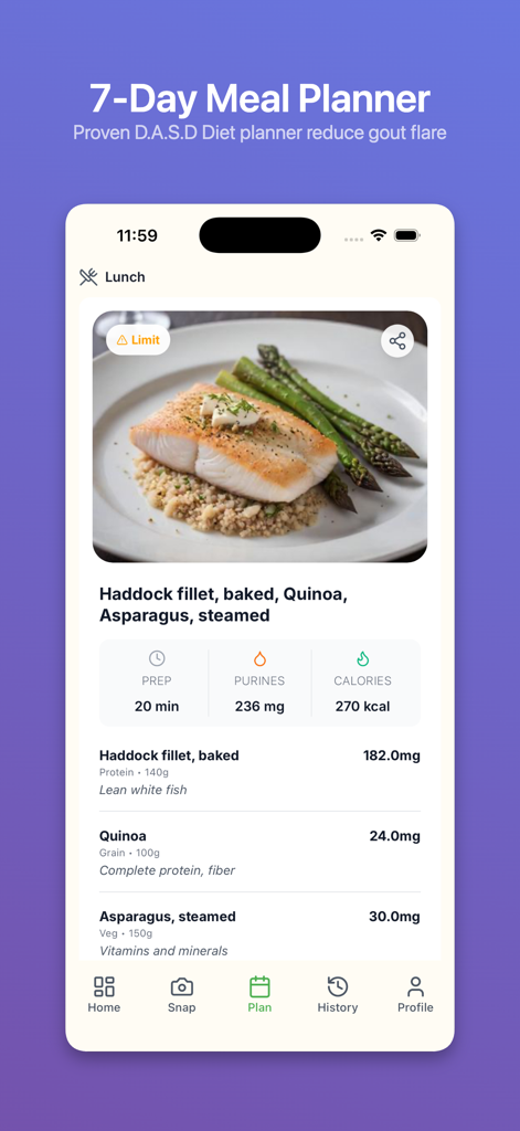 Gout Snap AI app interface showing a 7-day DASH diet meal planner with purine and calorie tracking for a lunch meal