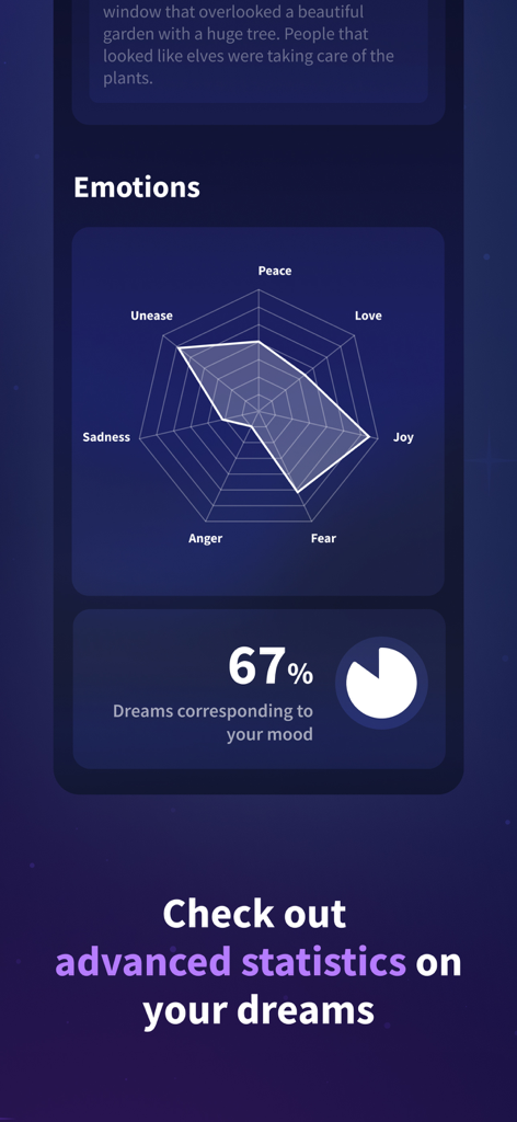 Oniri - Your Dream Journal - A radar chart showing dream emotions and a percentage breakdown of mood correlation in the Oniri app.