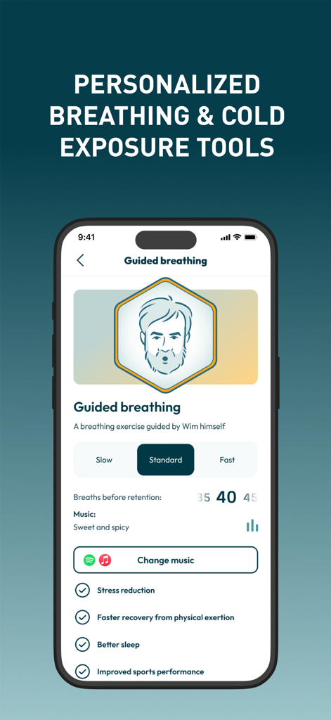 Wim Hof Method: Breathwork - Captura de pantalla de la aplicación Método Wim Hof que muestra la configuración personalizada de respiración guiada y los beneficios para la salud listados.