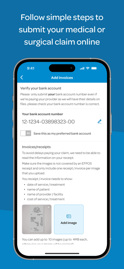 Tela do aplicativo My Southern Cross para envio de sinistros médicos ou cirúrgicos online, fazendo upload de imagens de faturas