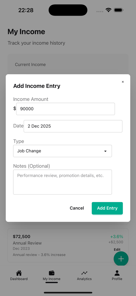 Income Tracker - Real Growth - Mobile app interface showing the Add Income Entry screen for recording salary and career growth.