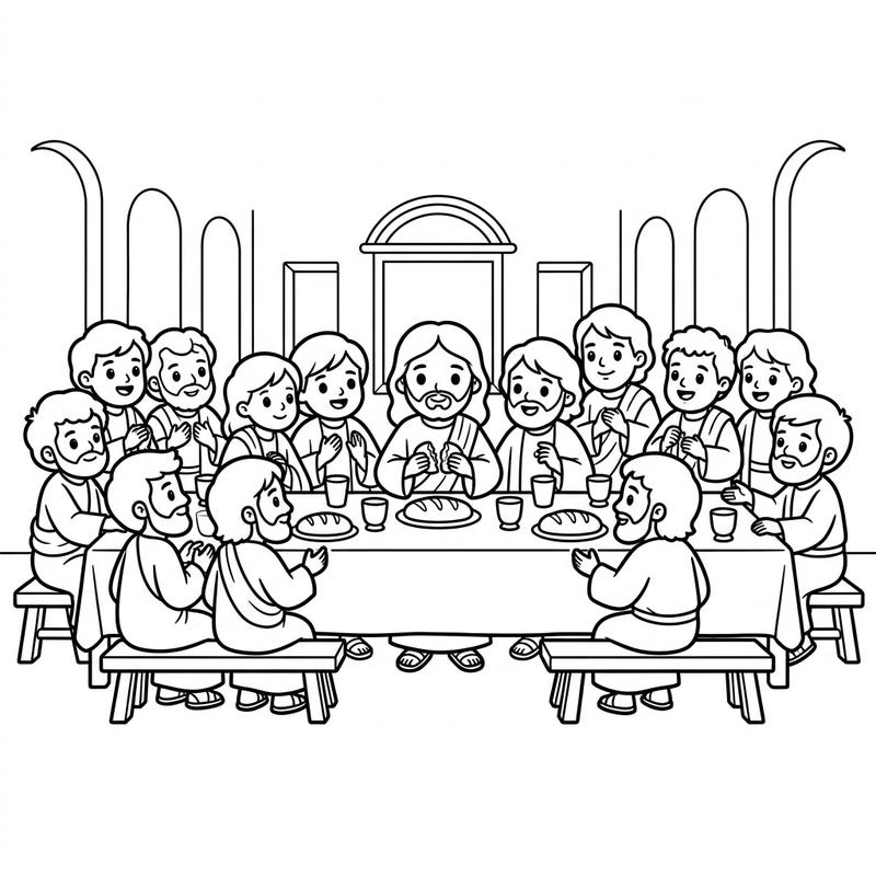 Journey back in time with this engaging coloring page depicting the Last Supper, perfect for young artists. Children can enjoy coloring Jesus and his apostles sharing this special meal.