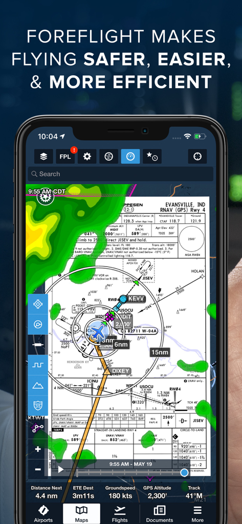 ForeFlight Mobile EFB - ForeFlight Mobile EFB app showing navigation map with weather radar and flight instrument data