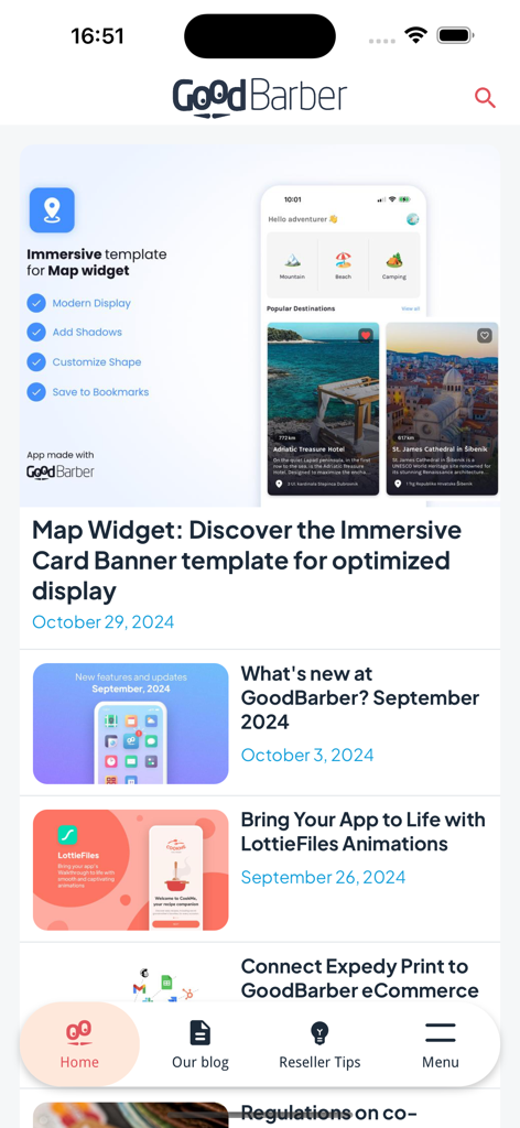 GoodBarber News - Tela inicial do aplicativo Notícias GoodBarber exibindo as últimas atualizações de recursos e tutoriais para criadores de aplicativos
