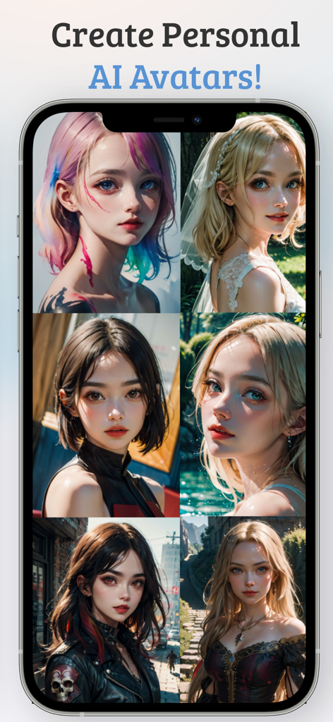 A collection of stylized AI-generated portraits showcasing different artistic avatars on a mobile phone screen