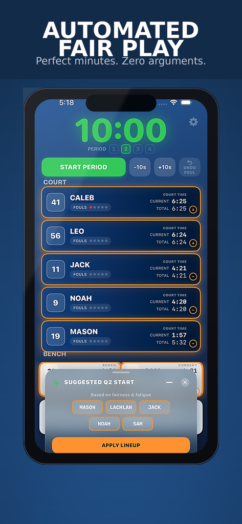 Court Time - Interface of the Court Time app showing automated player rotation suggestions and real-time playing minutes tracking for youth basketball.