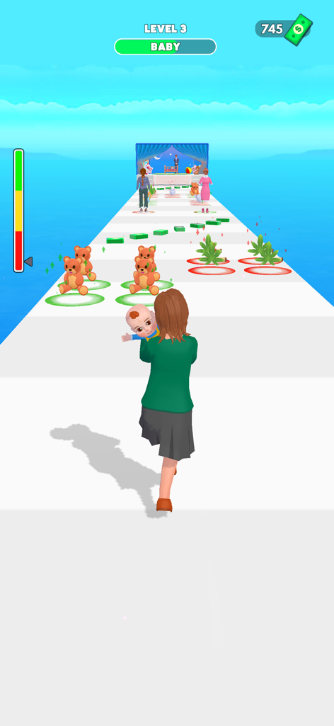 Good Mom Bad Mom Run Games - A woman carrying a baby while running on a track with positive and negative choice items in the Good Mom Bad Mom game