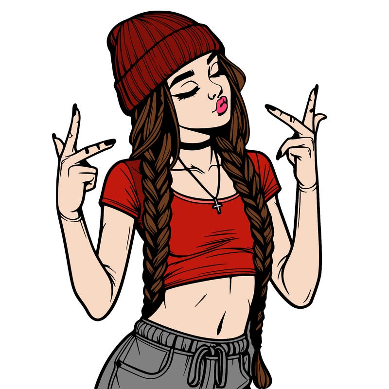 realistic teenage girl with braids and a beanie and crop top doing 🫶🏼