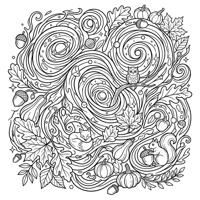 Discover a truly unique coloring experience where the unseen forces of the cosmos meet the cozy charm of autumn. Swirling patterns reminiscent of dark matter halos are beautifully intertwined with fall leaves, playful woodland creatures, and seasonal harvest elements, offering a captivating challenge for all ages.