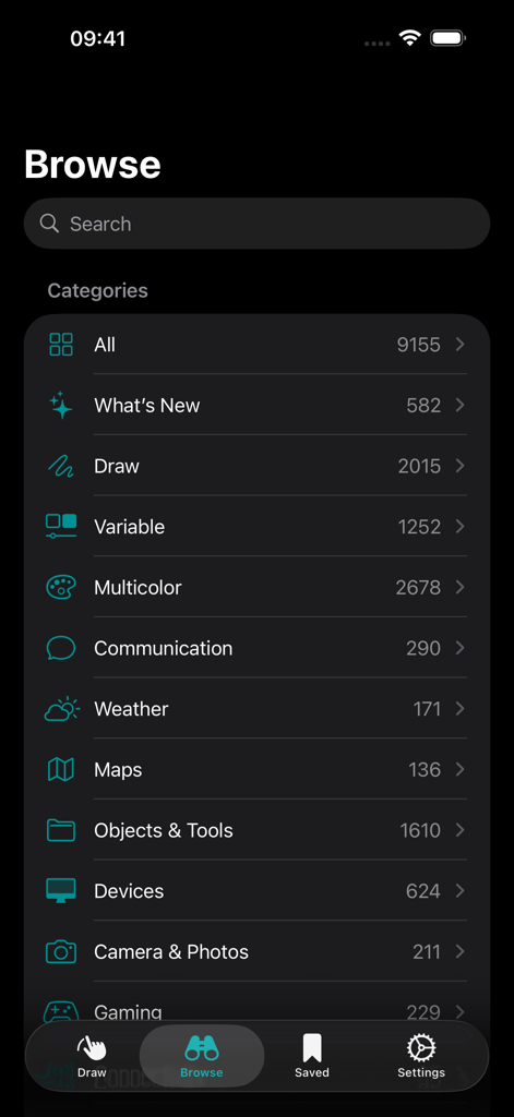SF Search - SF Searchアプリの閲覧画面。天気、地図、デバイスなどのSFシンボルのカテゴリリストが表示されています。