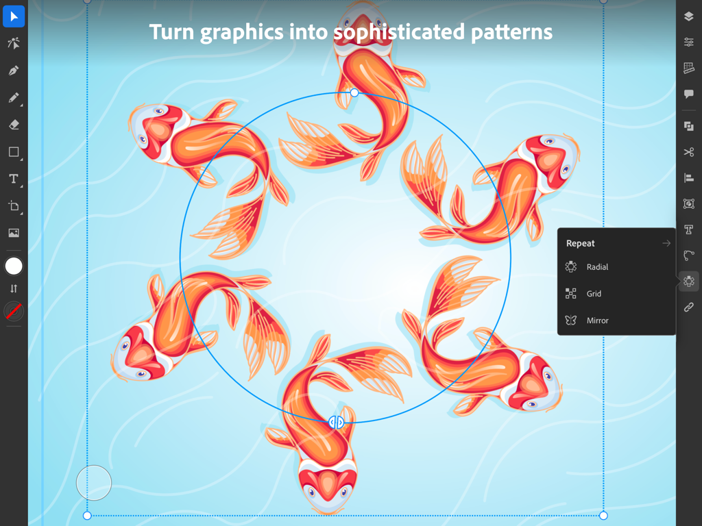Adobe Illustrator: Graphic Art - Adobe Illustrator iPad app showing radial repeat feature with koi fish illustrations