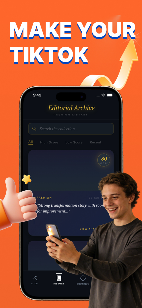 Tik Fast -Follower,Like,Fan,s - Tik Fast app interface showing a content analysis report with a score of 80 and a smiling young creator