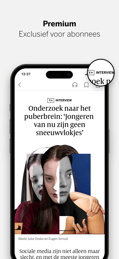 Un écran de smartphone affichant un article d'interview premium sur le cerveau adolescent dans l'application d'actualités de Volkskrant.