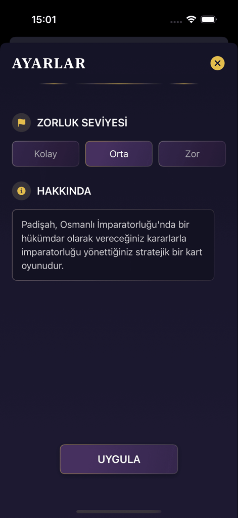 Tahtın Kaderi - La pantalla de configuración de la aplicación móvil Tahtın Kaderi mostrando niveles de dificultad y descripción del juego.