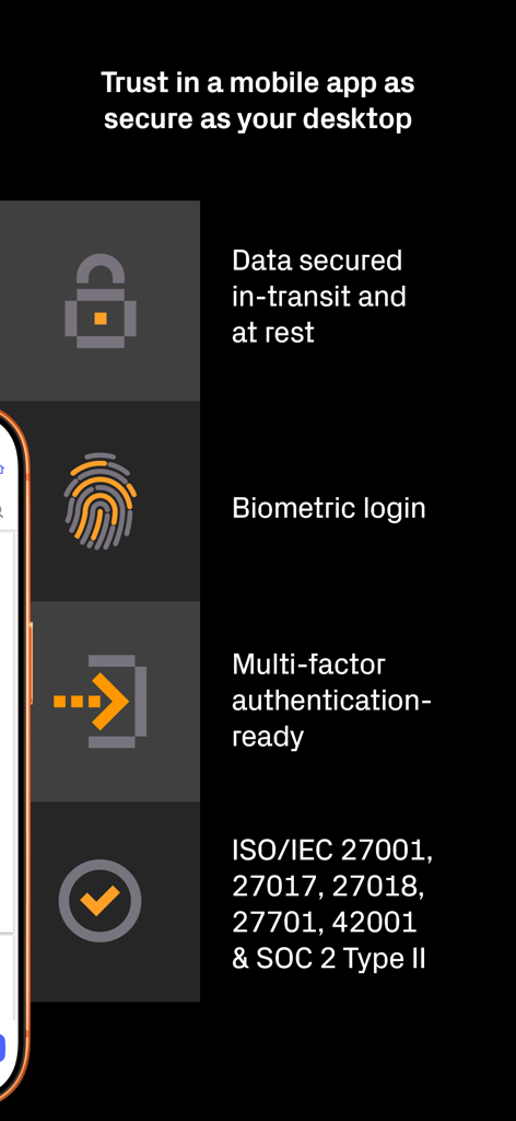 Recursos de segurança do aplicativo móvel Datasite, incluindo login biométrico e certificações de conformidade