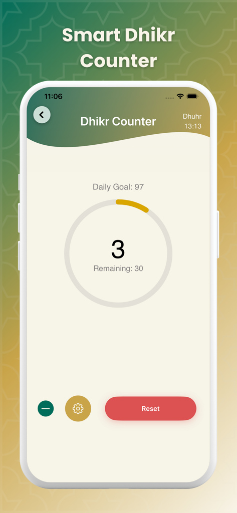 Ikra: Quran, Prayer and Dhikr - Ikraアプリのスマートディクルトラッカー画面。デジタルタスビー、進捗状況、毎日の目標が表示されています。
