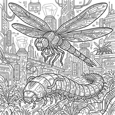 Journey into a thrilling, futuristic world with our Giant Cyberpunk Insects coloring page, where ancient creatures meet advanced technology. This intricate design features robotic dragonflies and millipedes amidst a detailed, neon-inspired cityscape, offering a uniquely engaging coloring experience.