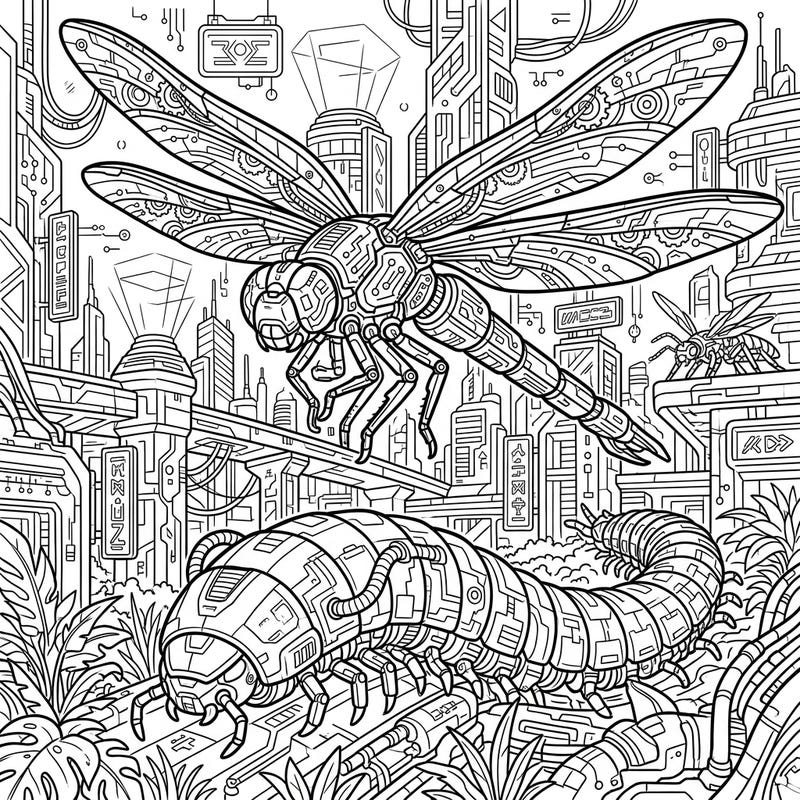 Journey into a thrilling, futuristic world with our Giant Cyberpunk Insects coloring page, where ancient creatures meet advanced technology. This intricate design features robotic dragonflies and millipedes amidst a detailed, neon-inspired cityscape, offering a uniquely engaging coloring experience.