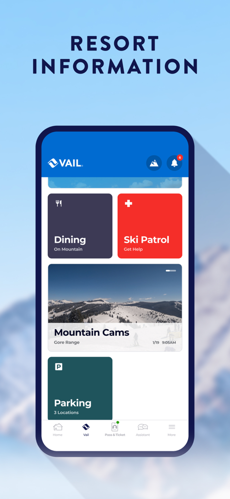 My Epic: Skiing & Snowboarding - A smartphone displaying the My Epic app resort information screen with options for dining, ski patrol, mountain cameras, and parking.