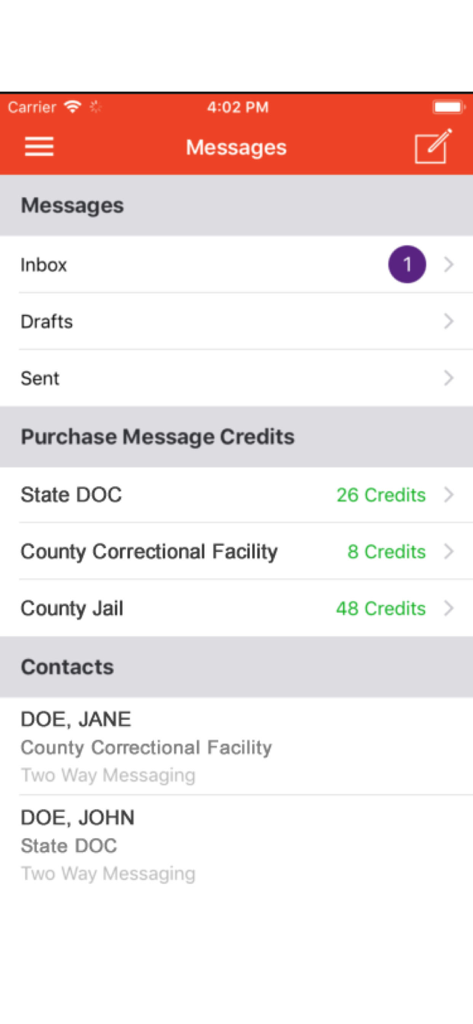 ConnectNetwork app messaging screen showing inbox and message credit purchase options for correctional facilities.