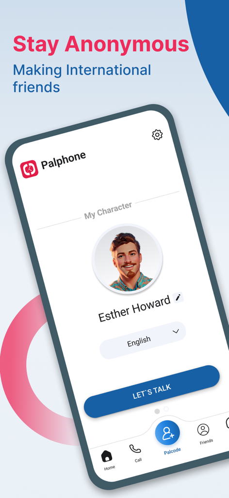 Palphone - Palphone mobile app screen showing an anonymous character profile and a call to action button to start an international conversation.