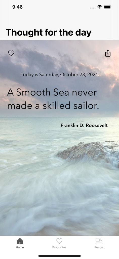 Simply Inspiring - Simply Inspiring app displaying a daily motivational quote by FDR over a sea background