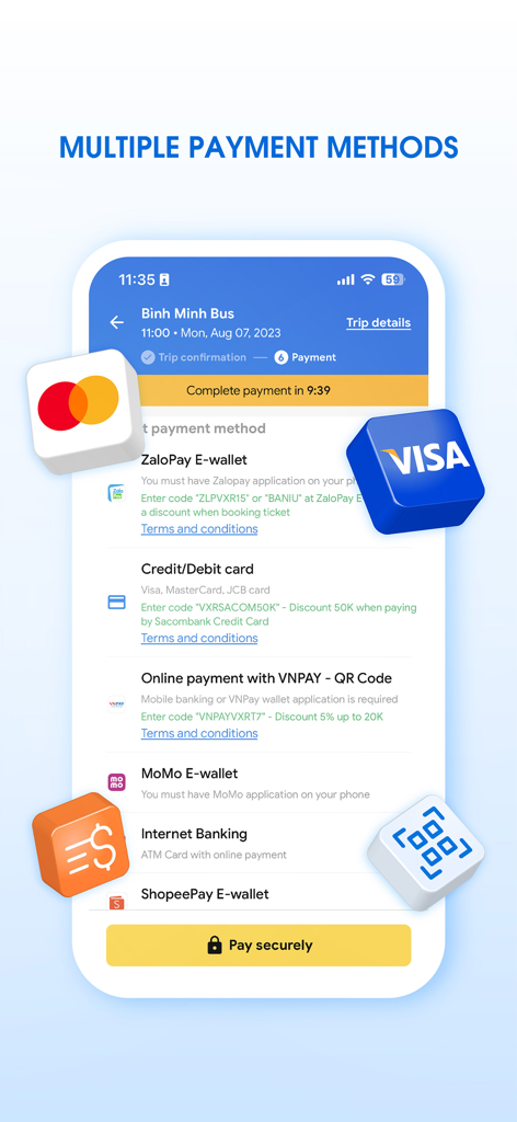 Vexere mobile app screen showing diverse and secure payment options including credit cards and local digital wallets