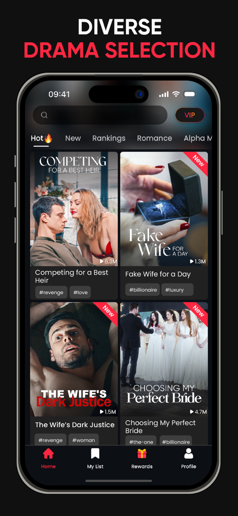 Reel TV - Watch Short Drama - Reel TV app interface showing a library of short-form drama series including romance and billionaire revenge stories