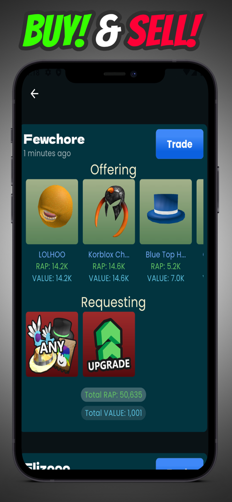 Interfaz de la aplicación Robux Trade que muestra a un usuario ofreciendo artículos como el casco Korblox y el sombrero azul para comerciar con métricas de RAP y valor.