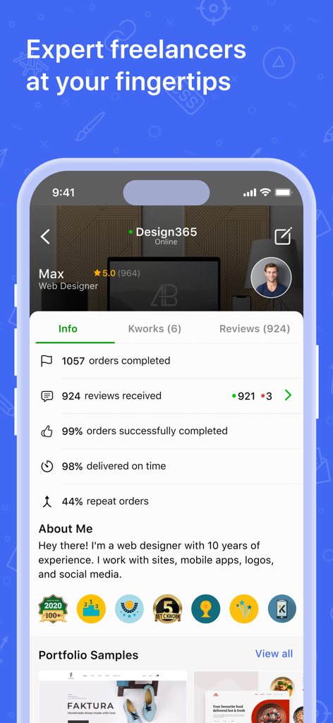 Kwork - A freelancer profile on the Kwork mobile app showing reviews ratings and completed orders.