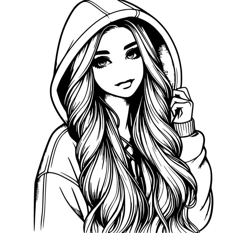 realistic girl with long hair in a big hoodie