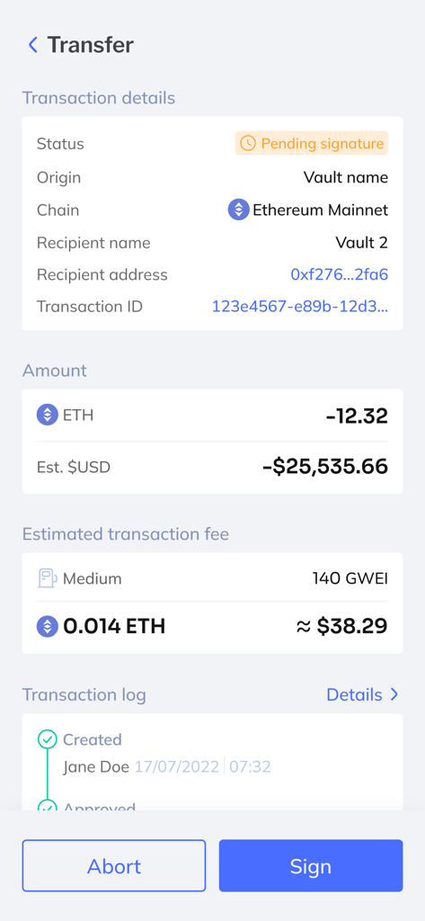 Reviewing and signing an Ethereum transaction in the Fordefi institutional wallet app