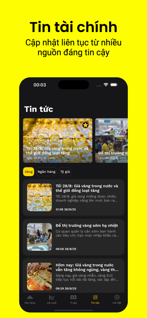 Captura de pantalla de la sección de noticias financieras en la aplicación Live Gold con actualizaciones de precios del oro y tendencias del mercado en Vietnam