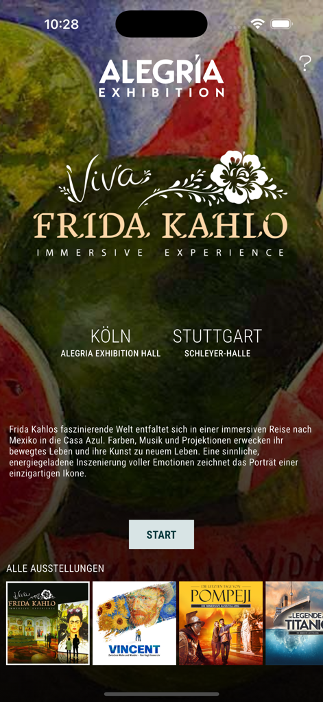 Alegria Exhibition - Alegria Exhibition app home screen displaying the Viva Frida Kahlo immersive art experience with a start button and other available exhibits