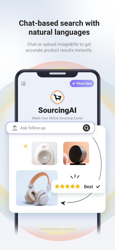 Interfaz de la aplicación SourcingAI que muestra búsqueda de productos basada en chat con lenguaje natural y recomendaciones de proveedores impulsadas por IA