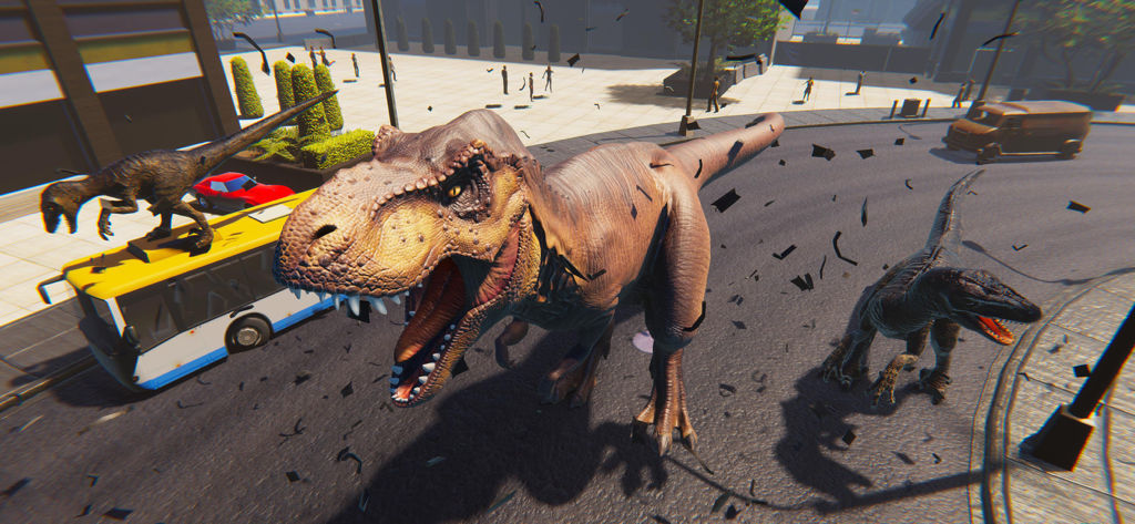 T-rex Simulator City World - Un gran T-Rex y raptores causando destrucción en un entorno de ciudad realista en 3D