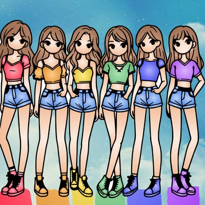 a group of girls wearing crop tops and shorts