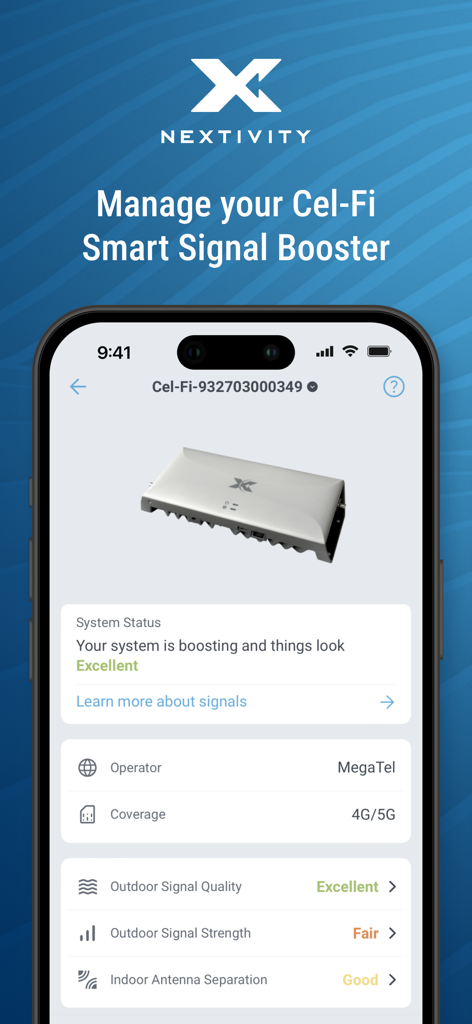CEL-FI WAVE - Tableau de bord de l'application CEL-FI WAVE montrant l'état du système d'amplificateur de signal intelligent et les détails de la couverture