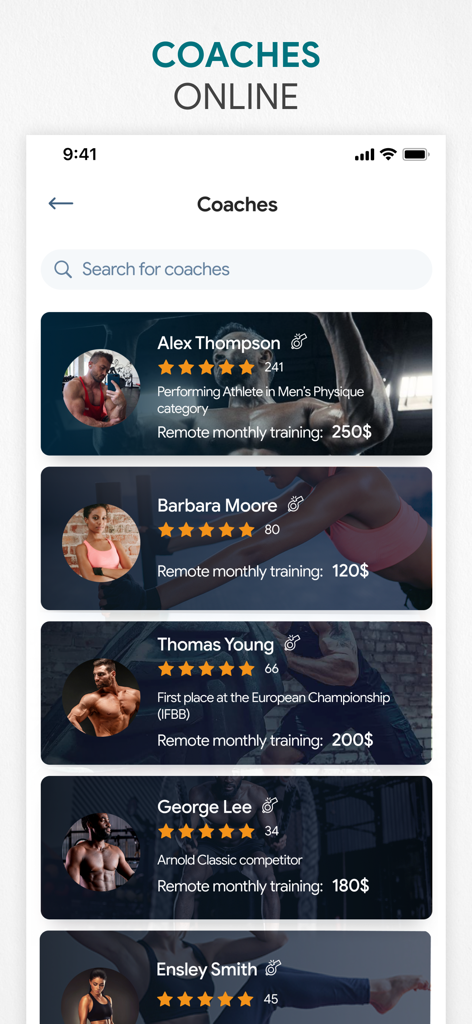 A list of professional online fitness coaches with their star ratings and monthly training prices in the app.
