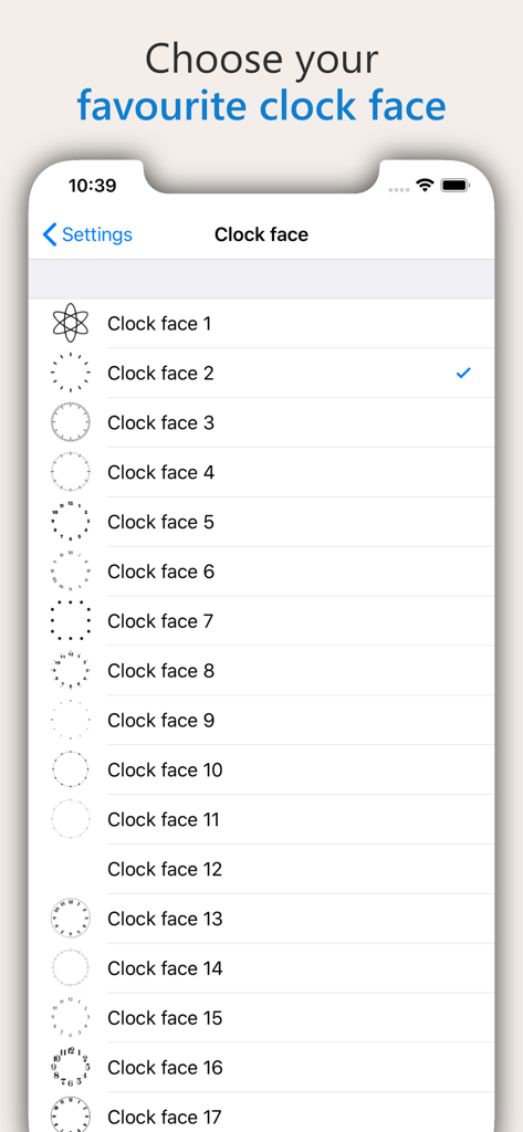 A menu showing various analog clock face designs available in the AtomicClock app settings