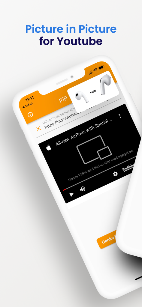 iPhone screenshot of the Picture-in-Picture Tool app displaying a YouTube video playing in a floating PiP window