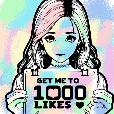 deatailed and realistic girl holding up a poster that says get me to 100 likes 👍🏻