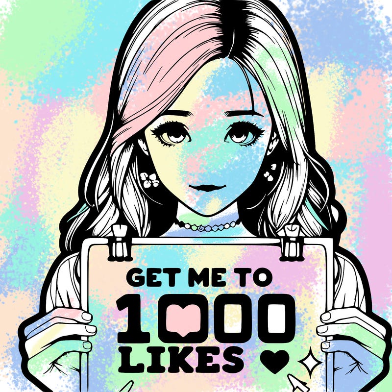 deatailed and realistic girl holding up a poster that says get me to 100 likes 👍🏻