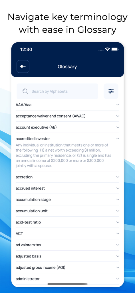 SIE, Series 6,7,63,65,66 Exam - Glossary screen in the SIE and Series 7 exam app showing definitions for financial terms such as accredited investor