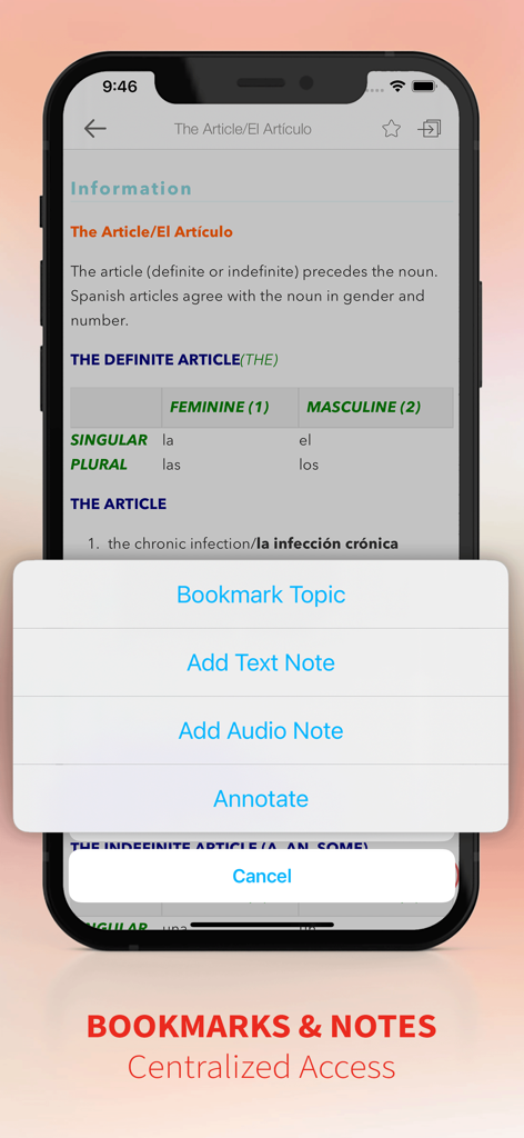 Spanish-English-Spanish Dict - Una pantalla móvil que muestra las opciones de marcadores y notas en la aplicación Diccionario Médico Español-Inglés.