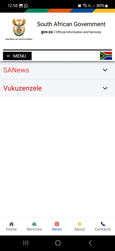Official South African Government mobile app news interface showing SANews and Vukuzenzele categories