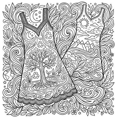 Embrace the spirit of Earth Day with this beautiful coloring page featuring two intricately designed chemises. Dive into a world of nature-inspired patterns, recycling symbols, and flowing environmental themes, perfect for a mindful coloring experience.