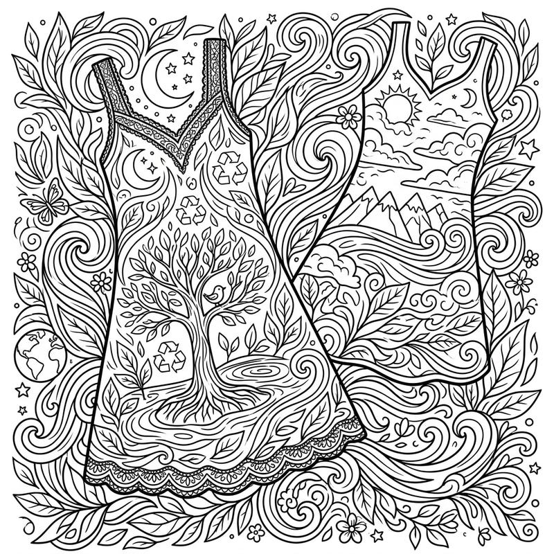 Embrace the spirit of Earth Day with this beautiful coloring page featuring two intricately designed chemises. Dive into a world of nature-inspired patterns, recycling symbols, and flowing environmental themes, perfect for a mindful coloring experience.
