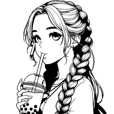 realistic girl with braided hair drinking boba