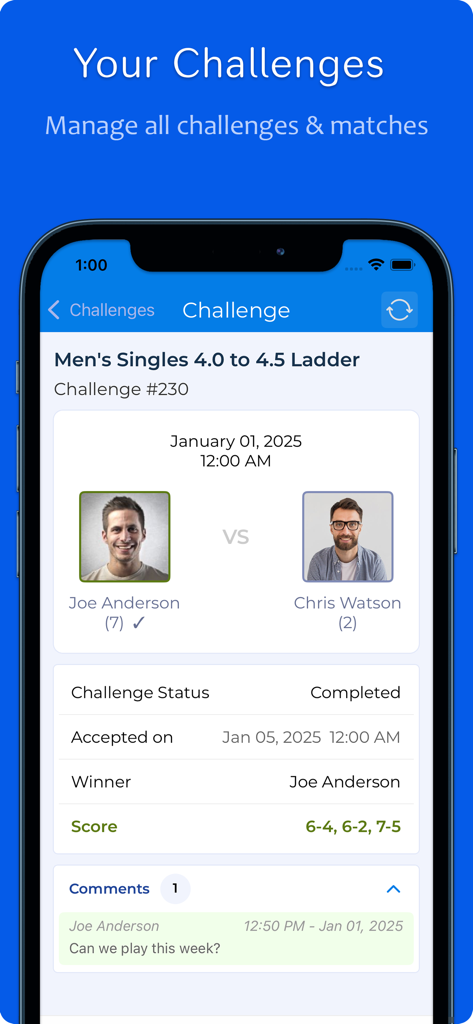 Pantalla de la aplicación iTennisLadder que muestra los resultados de partidos completados y las puntuaciones de un desafío de liga de individuales masculinos